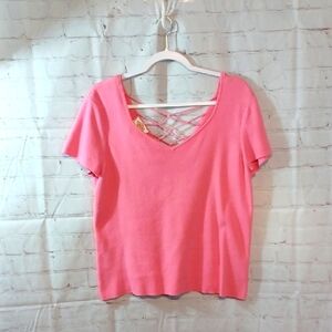 Talbots Y2K Feminine Pink  Criss Cross V Neck  Short Sleeve Stretch Knit Top L